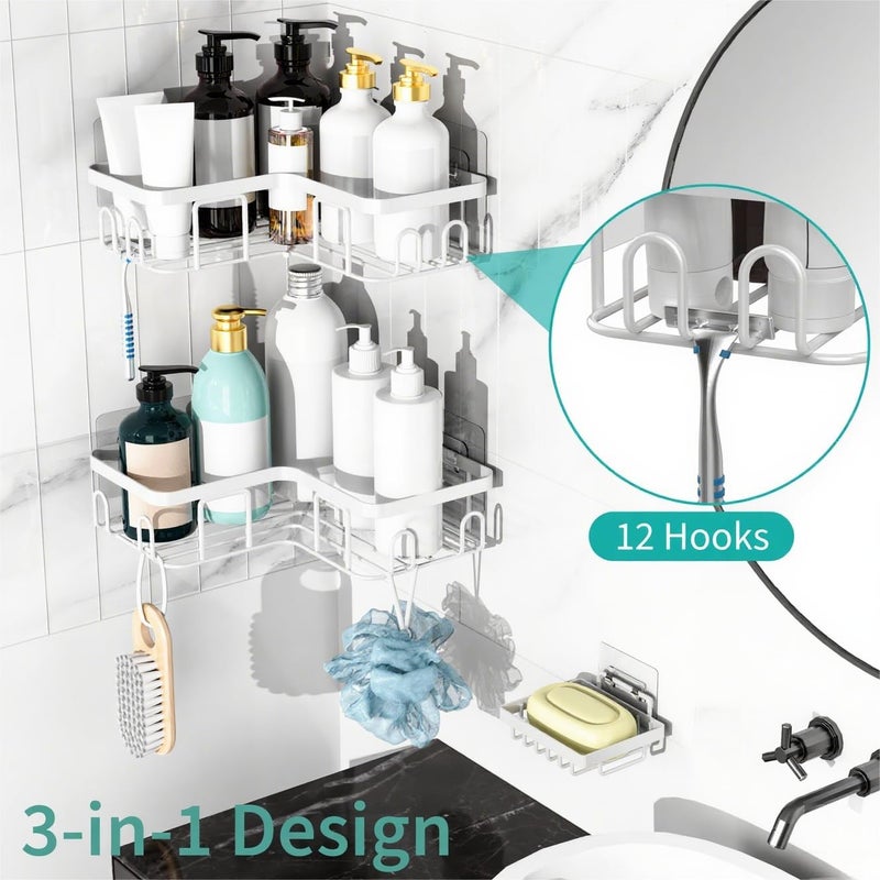 Moforoco Corner Adhesive Shower Caddy, with Soap Holder and 12 Hooks, Rustproof Stainless Steel Bathroom Organizer, No Drilling Wall Mounted Rack, Black, 3-Pack(White) - Image 3